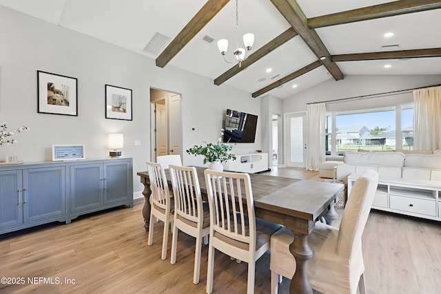 dining space featuring recessed lighting, visible vents, lofted ceiling with beams, light wood-style floors, and a chandelier