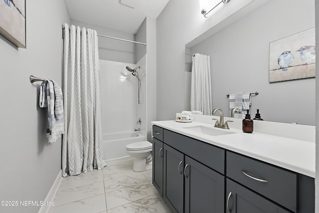 full bathroom featuring toilet, vanity, baseboards, marble finish floor, and shower / bath combination with curtain