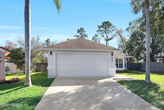 exterior space with a front yard, concrete driveway, fence, and stucco siding