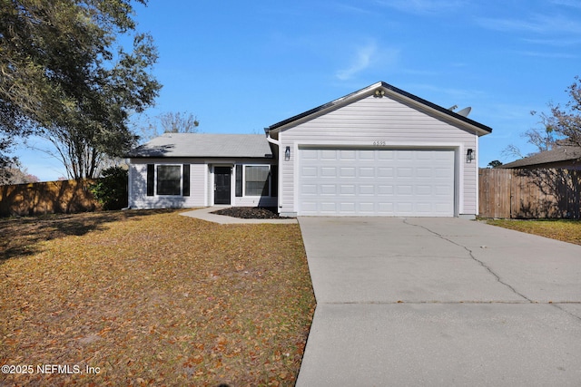 single story home with a garage, driveway, fence, and a front lawn