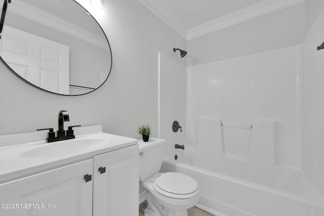 bathroom with toilet, shower / washtub combination, vanity, and crown molding