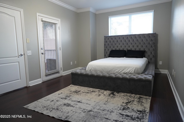 bedroom with dark wood-type flooring, access to exterior, crown molding, and baseboards