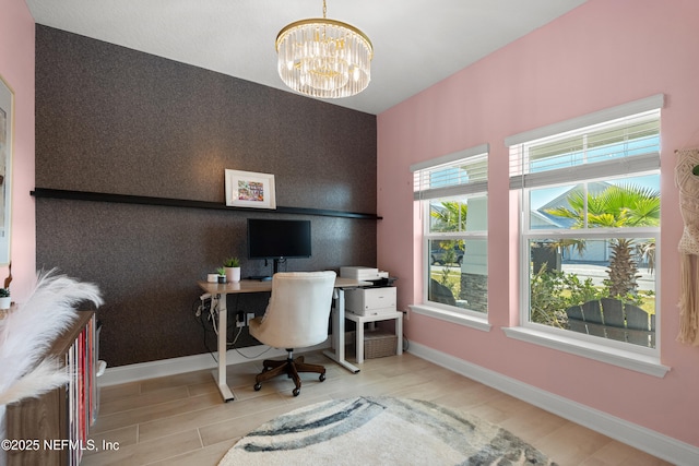230 Marquesa Cir, Saint Johns, FL 32259 - office area with an accent wall, a chandelier, baseboards, and wallpapered walls