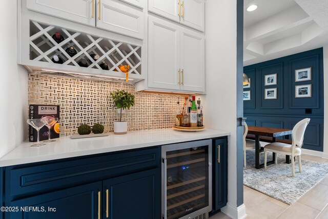 230 Marquesa Cir, Saint Johns, FL 32259 - bar with tasteful backsplash, beverage cooler, a dry bar, and light tile patterned floors
