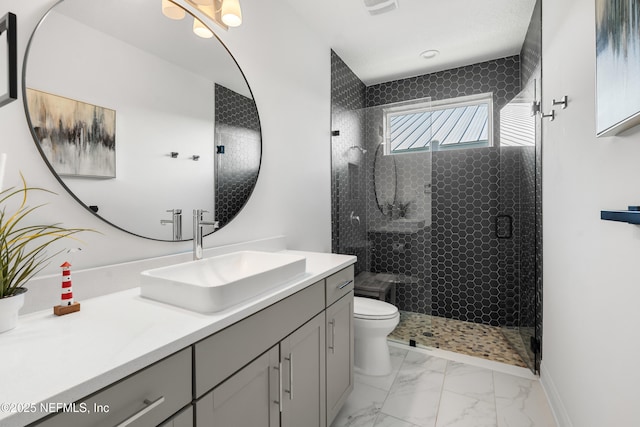 230 Marquesa Cir, Saint Johns, FL 32259 - bathroom with a stall shower, baseboards, toilet, marble finish floor, and vanity