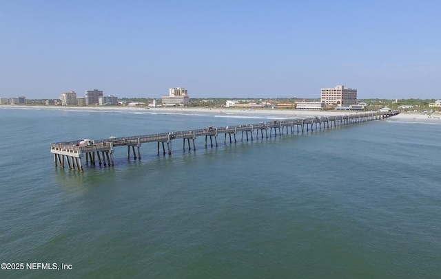 view of water feature featuring a view of city and a pier