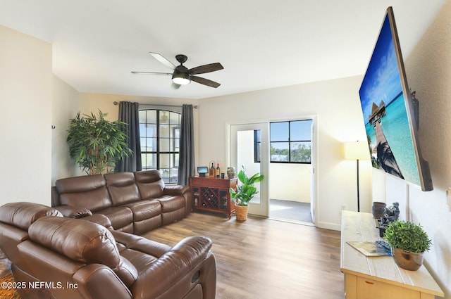 living area featuring ceiling fan and wood finished floors