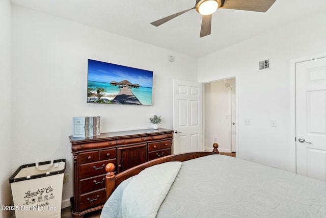 bedroom featuring visible vents and ceiling fan