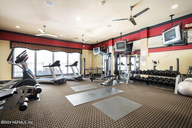 gym featuring a ceiling fan and recessed lighting