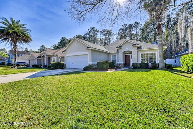 single story home with stucco siding, concrete driveway, a front yard, a garage, and stone siding