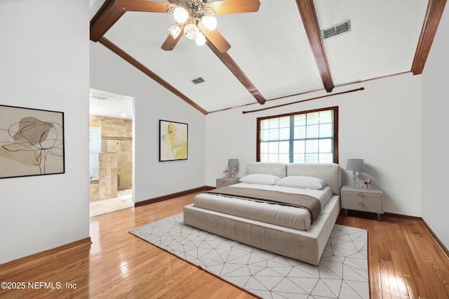 bedroom with light wood finished floors, beamed ceiling, visible vents, and baseboards