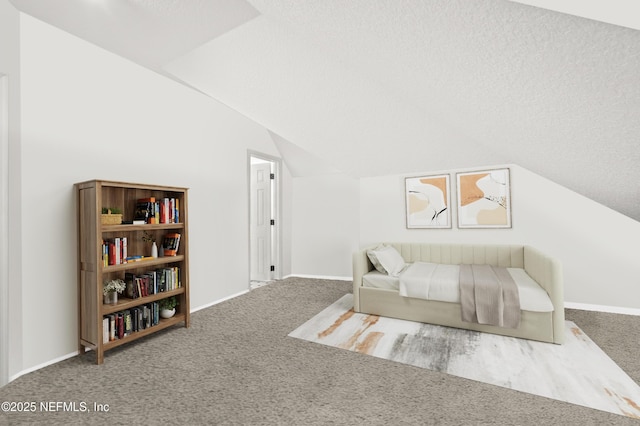 living area featuring carpet floors, baseboards, and vaulted ceiling