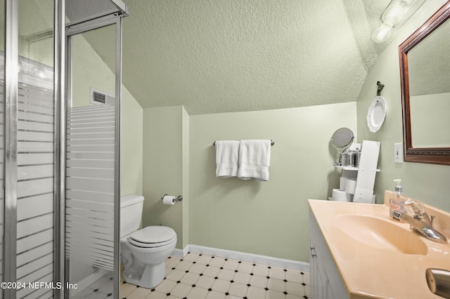 bathroom featuring baseboards, visible vents, toilet, vaulted ceiling, and a textured ceiling