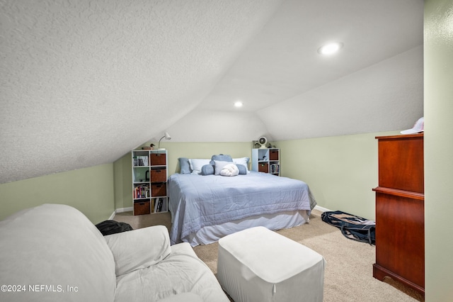 carpeted bedroom with recessed lighting, vaulted ceiling, a textured ceiling, and baseboards