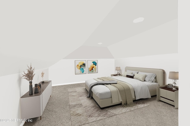 bedroom featuring light carpet, baseboards, and lofted ceiling