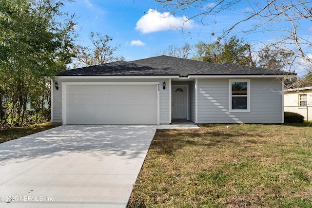 single story home with a garage, a front yard, and concrete driveway