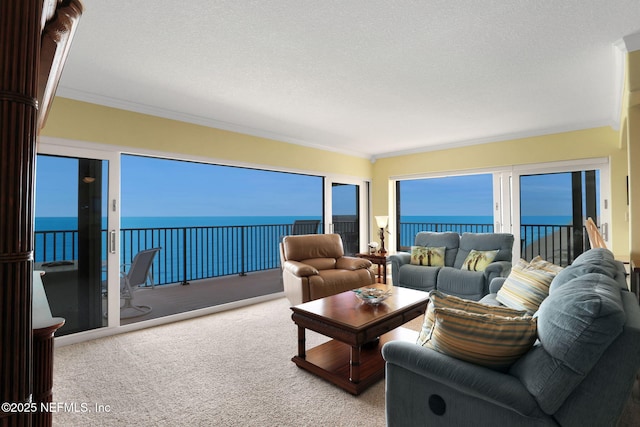 living room with a water view, carpet floors, and ornamental molding