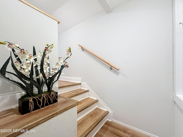 staircase featuring baseboards and wood finished floors