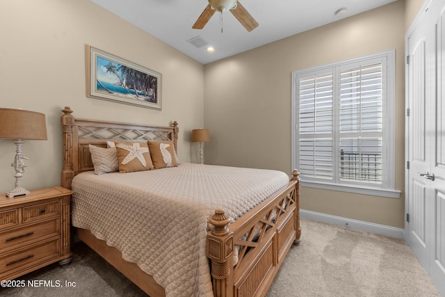 bedroom with visible vents, baseboards, light colored carpet, recessed lighting, and a ceiling fan