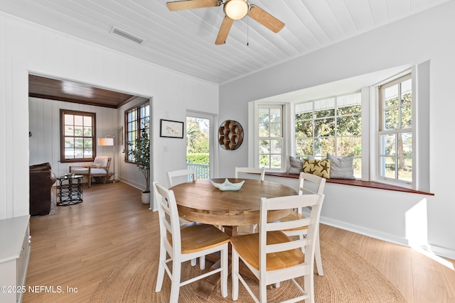 dining space featuring visible vents, wooden ceiling, and light wood finished floors