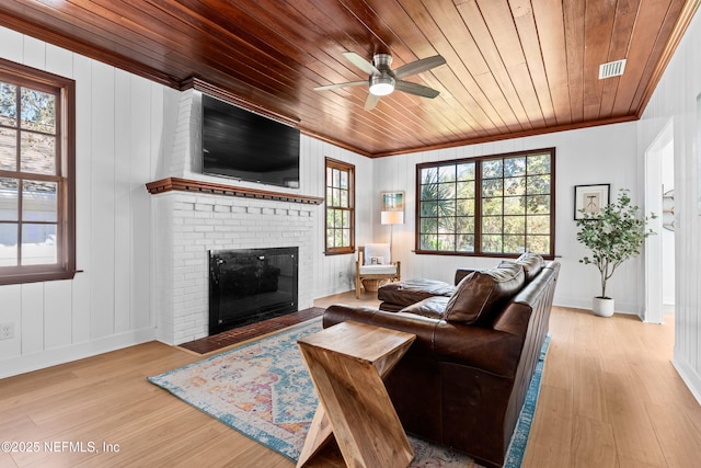 living room with wooden ceiling, wood finished floors, visible vents, and ornamental molding