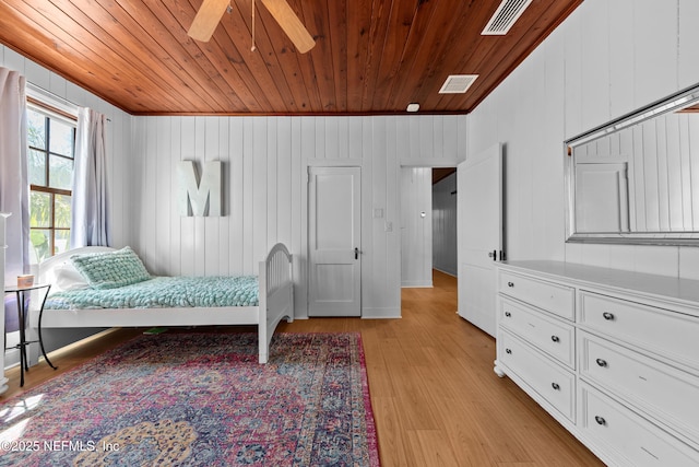 bedroom featuring visible vents, a ceiling fan, light wood-style flooring, and wooden ceiling