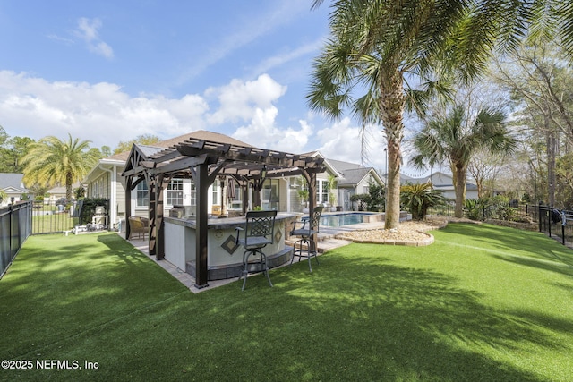 exterior space with a fenced in pool, a yard, a patio area, a pergola, and a fenced backyard