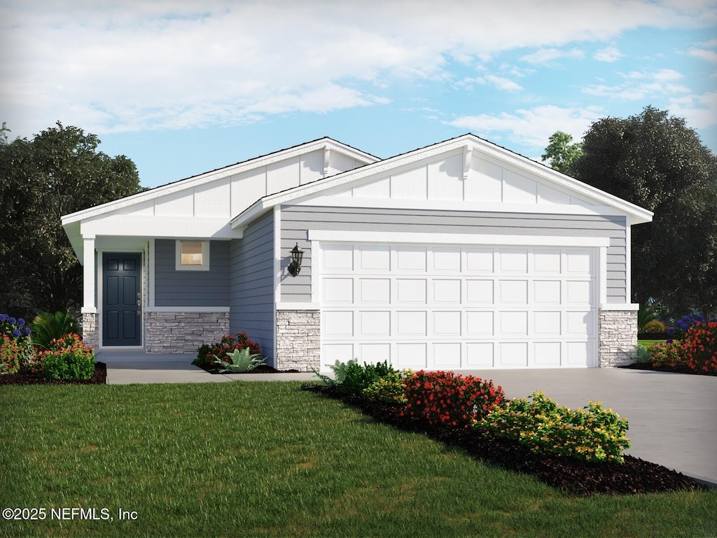 view of front facade featuring an attached garage, stone siding, driveway, a front lawn, and board and batten siding