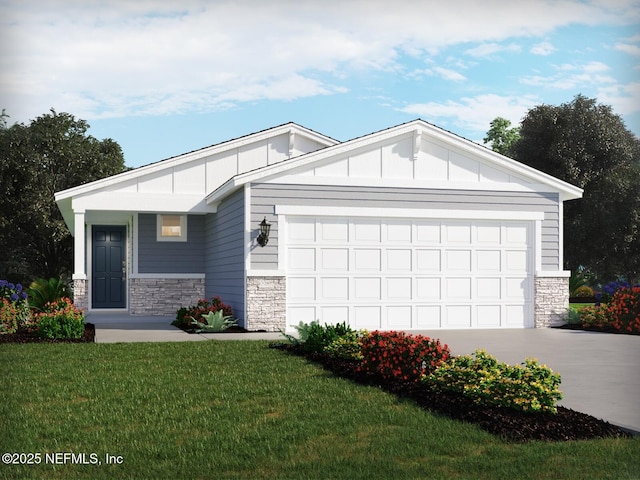 view of front facade featuring an attached garage, stone siding, driveway, a front lawn, and board and batten siding