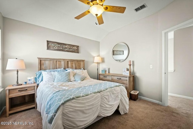 carpeted bedroom with lofted ceiling, visible vents, ceiling fan, and baseboards