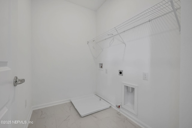 laundry room with hookup for a gas dryer, laundry area, washer hookup, marble finish floor, and electric dryer hookup