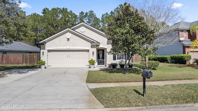 ranch-style home with driveway, an attached garage, fence, a front lawn, and stucco siding