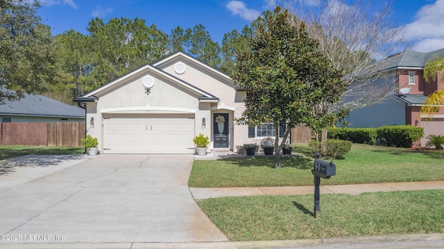 ranch-style home featuring an attached garage, fence, concrete driveway, stucco siding, and a front yard