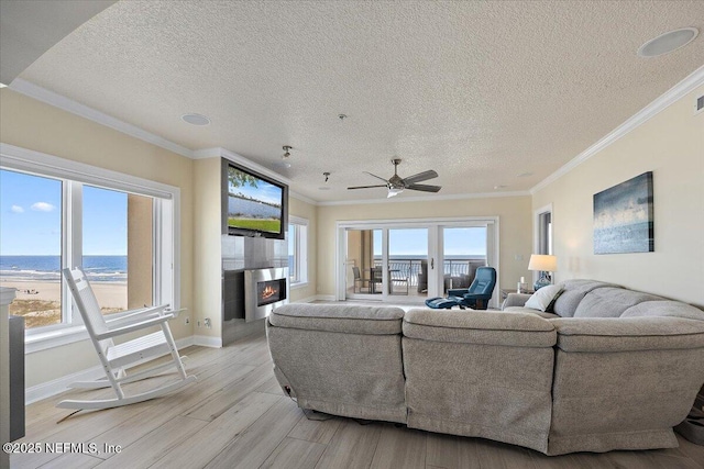 living room with a large fireplace, a water view, crown molding, and light wood-style flooring