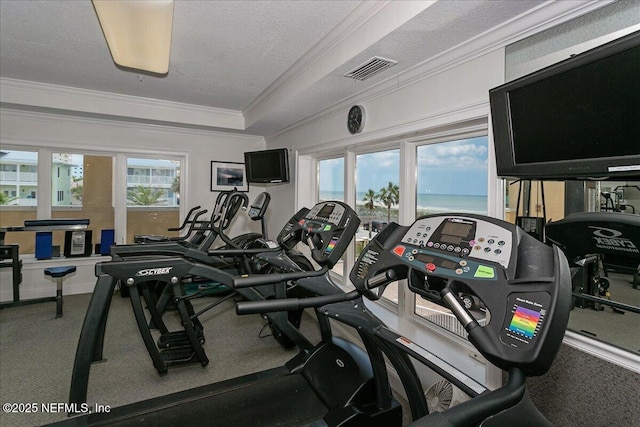 gym featuring visible vents, ornamental molding, a textured ceiling, and a wealth of natural light