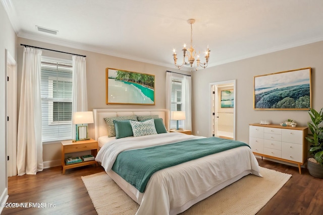 bedroom with crown molding, visible vents, dark wood-type flooring, a chandelier, and baseboards