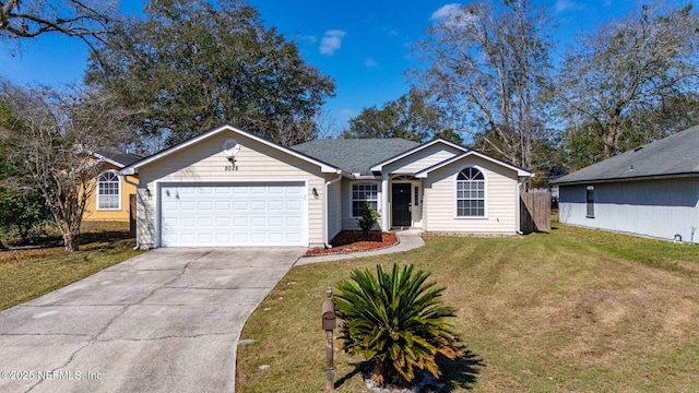 single story home featuring an attached garage, a front lawn, concrete driveway, and roof with shingles