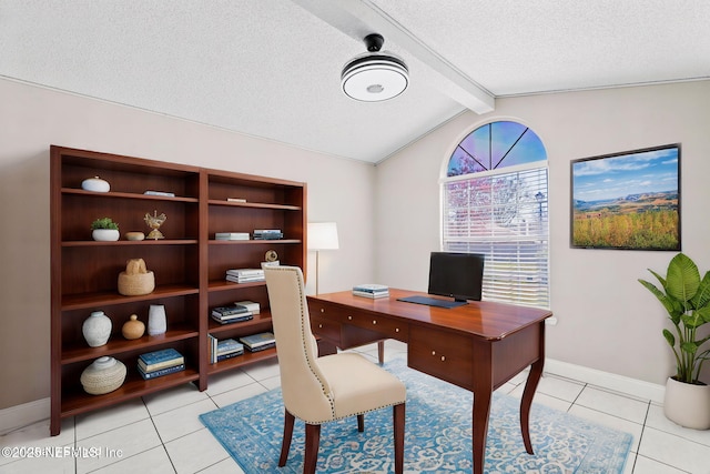 office space featuring lofted ceiling with beams, baseboards, a textured ceiling, and light tile patterned flooring