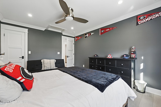 bedroom featuring attic access, baseboards, ceiling fan, and recessed lighting