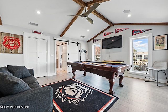 recreation room featuring vaulted ceiling with beams, pool table, visible vents, a barn door, and light wood-style floors