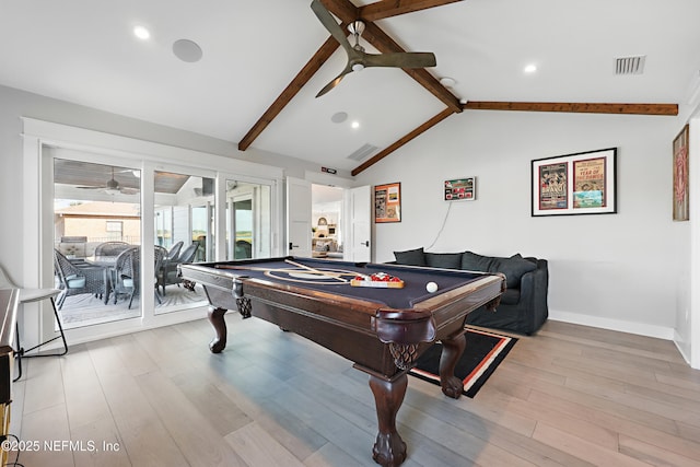 game room featuring a ceiling fan, visible vents, vaulted ceiling with beams, and light wood-style flooring