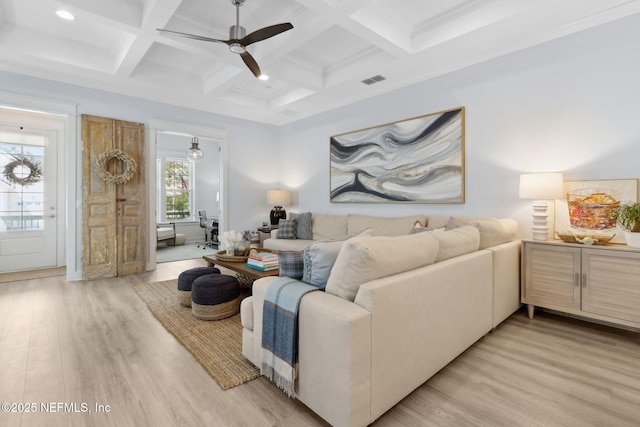 living room with visible vents, coffered ceiling, beam ceiling, and light wood-style floors