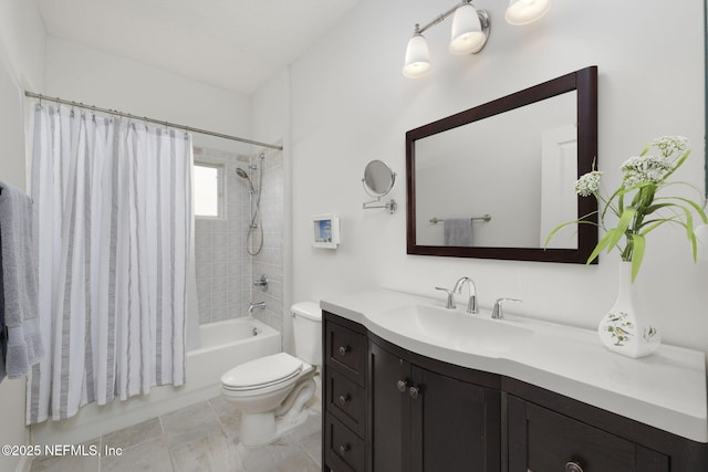 bathroom featuring vanity, toilet, and shower / tub combo with curtain