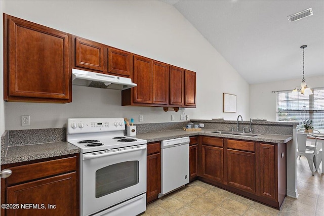 kitchen featuring white appliances, visible vents, a peninsula, under cabinet range hood, and a sink