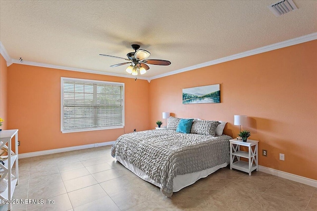 tiled bedroom with a textured ceiling, baseboards, visible vents, and crown molding