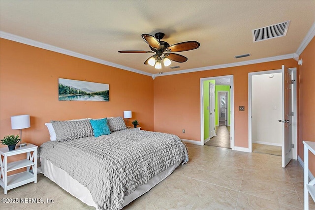 bedroom with baseboards, ceiling fan, visible vents, and crown molding