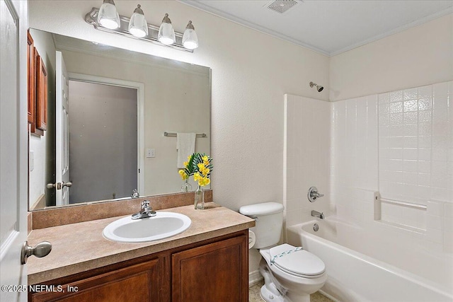 bathroom with shower / bath combination, visible vents, toilet, ornamental molding, and vanity