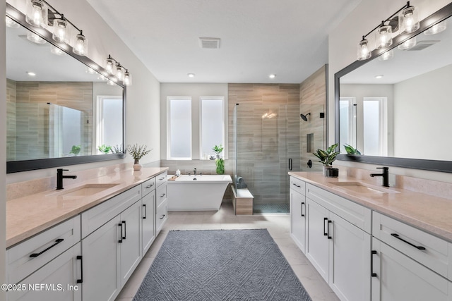 bathroom with a shower stall, visible vents, two vanities, and a sink