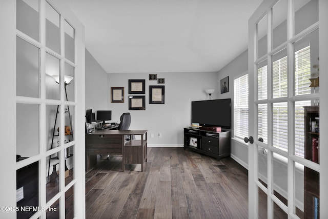 office area featuring french doors, dark wood finished floors, and baseboards