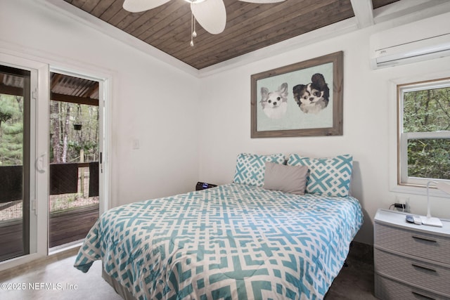 bedroom featuring a ceiling fan, access to outside, an AC wall unit, and wooden ceiling